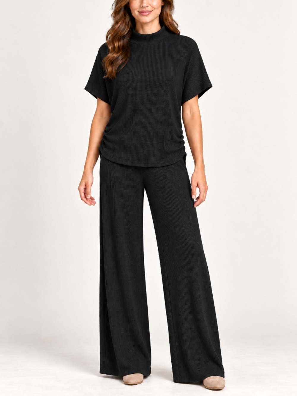 Zenana Black Mock Neck Sweater & Wide-Leg Pants Set